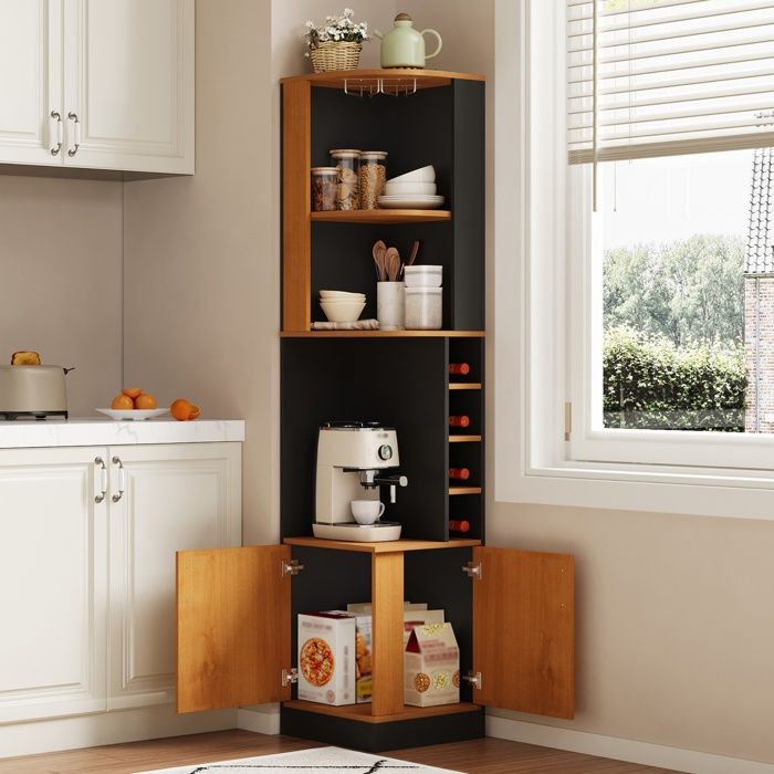 Meuble bar dangle - ZEVKOR - 40×40×182 cm - Porte-verres suspendu - 4 casiers à bouteilles - Placard bas