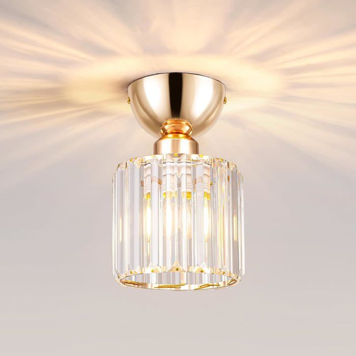 Plafonnier en cristal doré Socle E27 - 1 ampoule - 60 W max - 230 V - Diamètre 13 cm - 13 x 13 x 20 cm