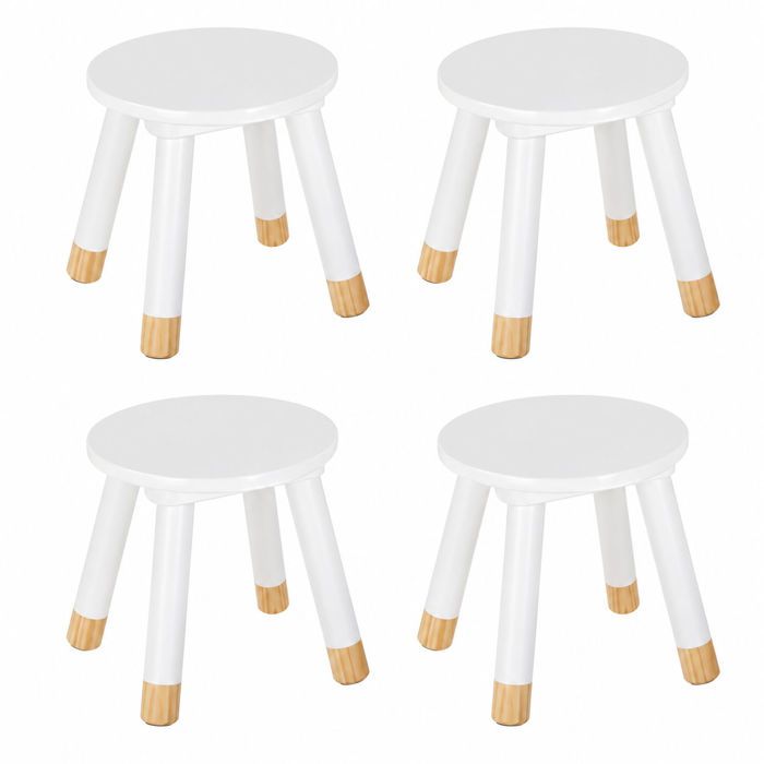 Lot de 4 Tabourets Enfant Blancs en Bois – Assise Ronde 24 cm – Petits Sièges Bas pour Chambre Salle de Jeux et Coin Activités