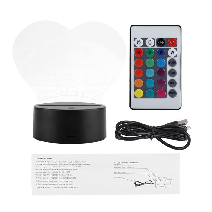 Lampe de nuit romantique 3D USB 4 5 V 7 couleurs tactile (base noire + télécommande)