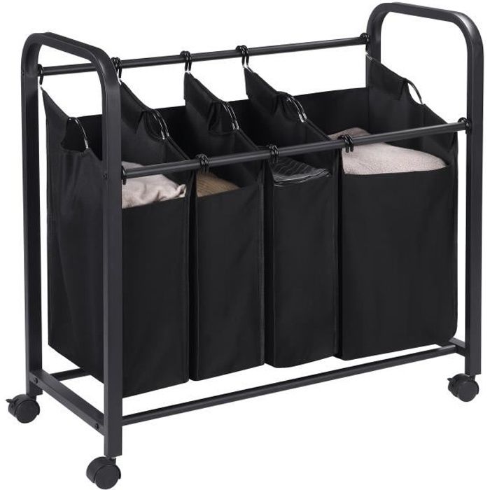 AdelDream Panier à linge trieuse de vêtements avec roulettes 3 compartiments chariot à linge avec sacs amovibles collecteur de vêtements bambou Noir 12-7