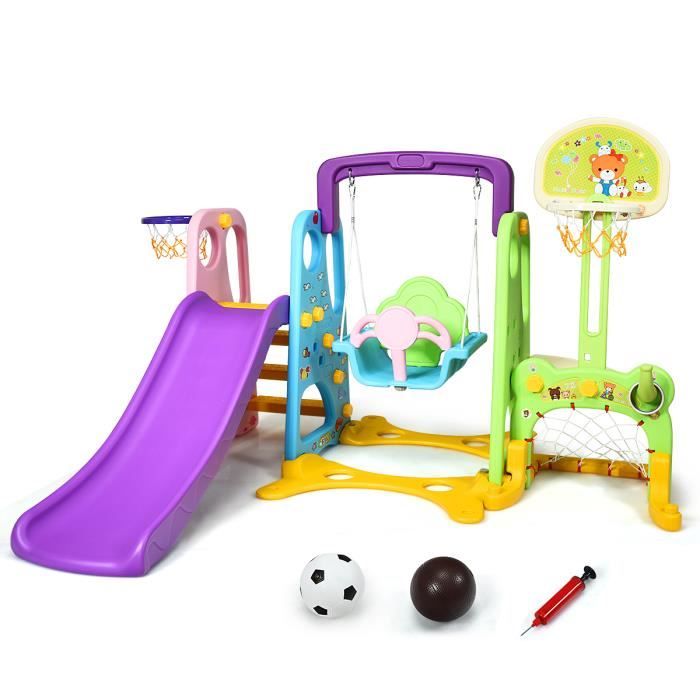 COSTWAY Ensemble Toboggan Balançoire 6 en 1: Basket-ball Football Escalade Jeu Boucle - Exterieur Intérieure 3 - 8 Ans Violet