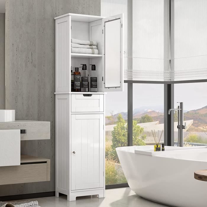 meuble colonne de salle de bain - armoire haute rangement - blanc - l40cm x p30cm x h170cm - réglables - tiroir