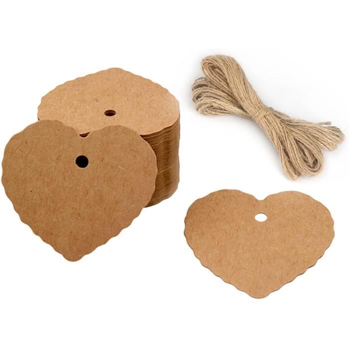 100 étiquettes En Papier Kraft En Forme De Cœur Rose - Avec Corde De Jute 20m - Pour Mariage, Anniversaire, Noël