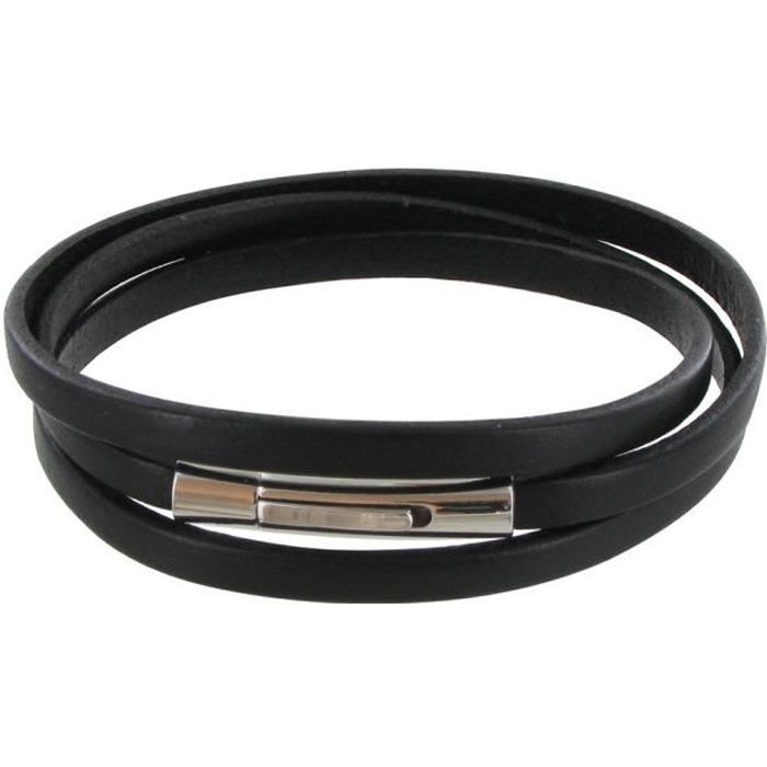 LES POULETTES BIJOUX - Bracelet Homme Cuir Noir Tressé Plat Fermoir Acier Inoxydable