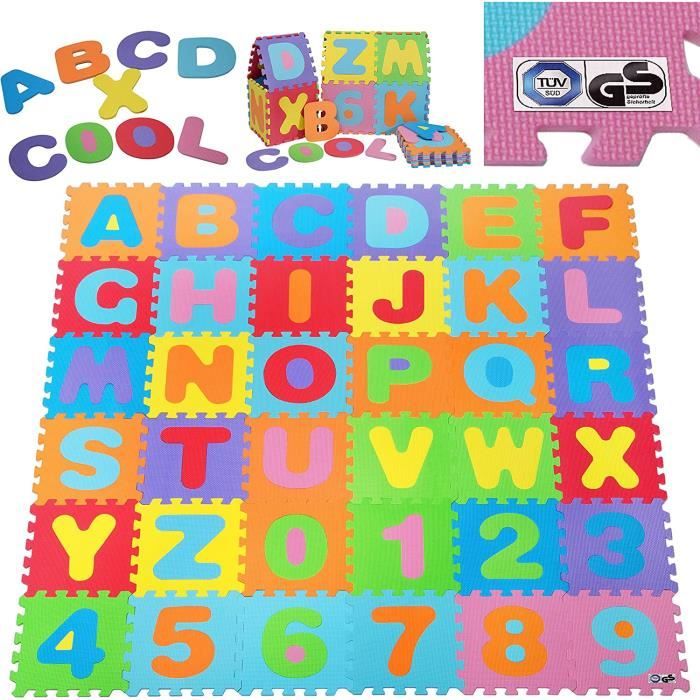 Puzzle tapis mousse bébé alphabet et chiffres 86 pièces 36 dalles 32x32 cm  enfant bas âge : : Jeux et Jouets