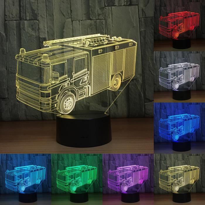 Lampe 3D - LED - Camion de pompiers - 7 Couleurs - Rechargeable USB - Tactile