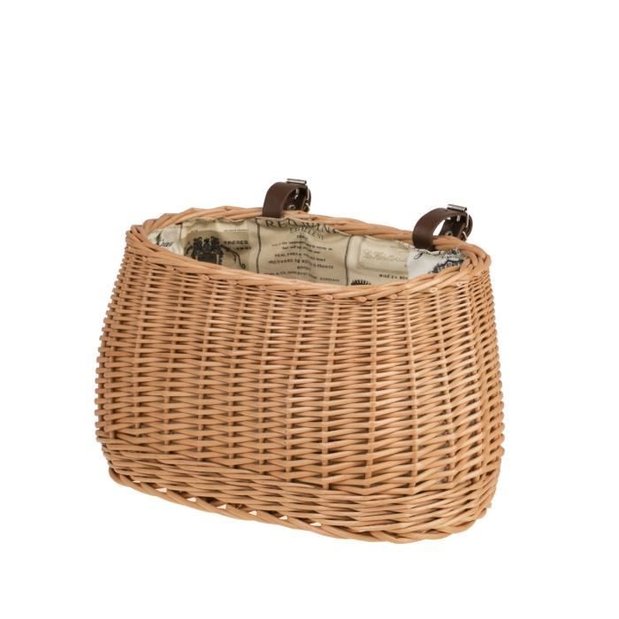 Panier De Vélo En Osier Naturel Avec Sangles Cuir - Fixation Guidon - Fait Main - Dimensions 35x17x19 Cm