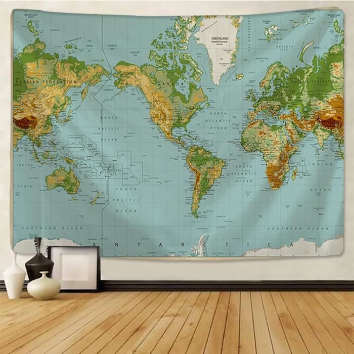 Grande Tapisserie Carte Du Monde Rétro – 150x130 Cm – Style Ancien Atlas Nautique Coloré – Déco Murale Vintage Salon Ou Chambre
