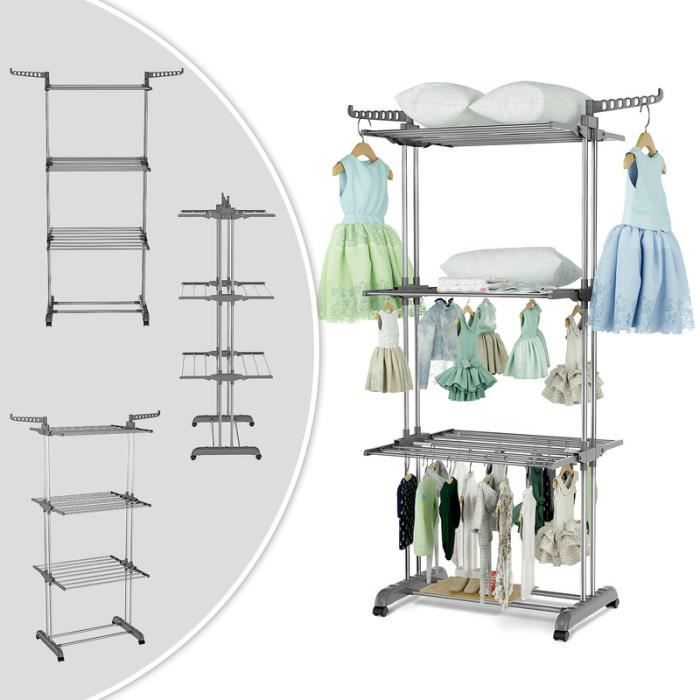 Étendoir à linge en acier inox Séchoir multifonction 4 niveaux rangement facile Avec flancs et roues Gris