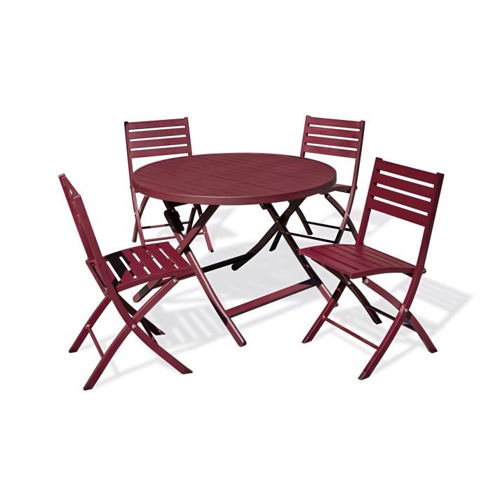 Ensemble repas de jardin rond 4 places en aluminium  - Rouge carmin - MARIUS