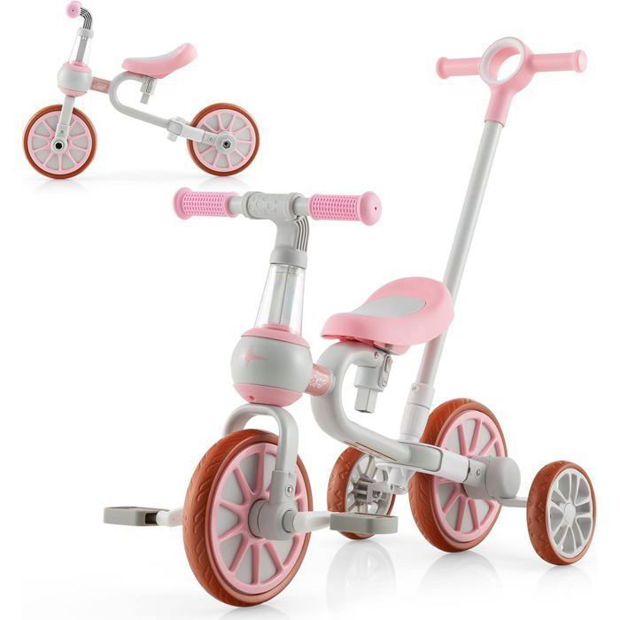 COSTWAY Tricycle Evolutif 5-en-1 avec Putter pour Enfants 2-4 Ans Pédale et Roue Arrière Amovible Siège et Poignée Réglables Rose