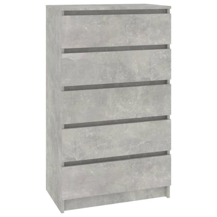 Commode - DUOKON - Gris béton - 60x36x103 cm - 5 tiroirs - Bois dingénierie