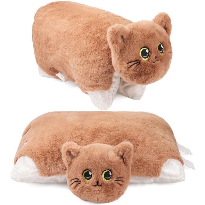 BRUBAKER Coussin en Peluche Chat - 2 en 1 Chat et Coussin en Peluche - 40 x 30 cm - Marron