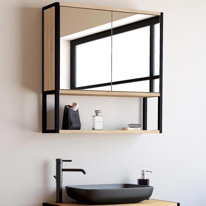 IDMARKET Meuble de rangement suspendu avec miroir pour salle de bain DETROIT design industriel IDMARKET Meuble de rangement suspendu avec miroir pour salle de bain DETROIT design industriel