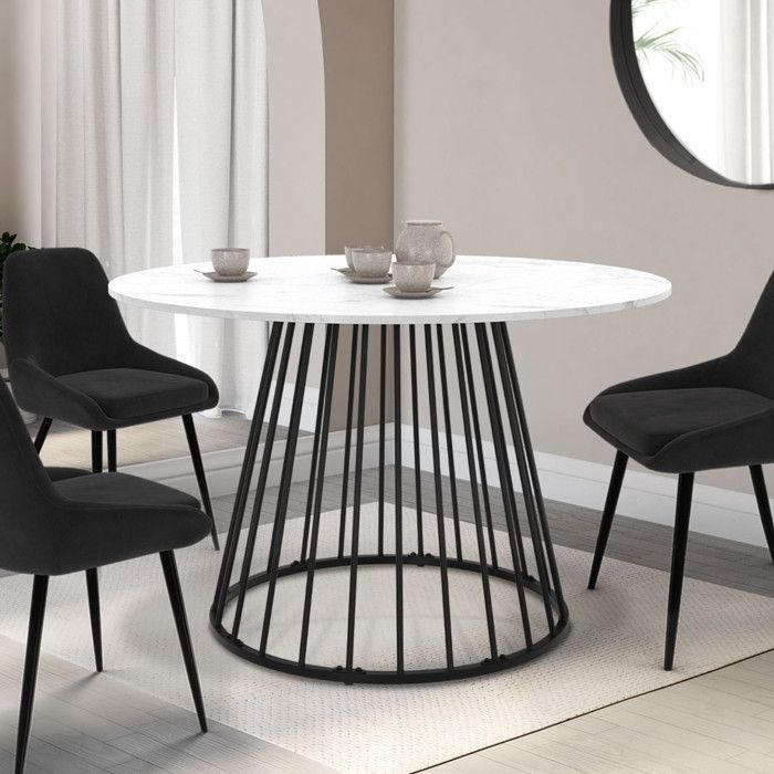 Table tulipe ronde 80 cm marbre noir pied blanc mat