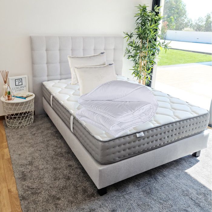 Matelas 140x190 cm Zen 20 cm mémoire de forme ferme face été/hiver + 2 oreillers + couette Matelas 140x190 cm Zen 20 cm mémoire de forme ferme face été/hiver + 2 oreillers + couette
