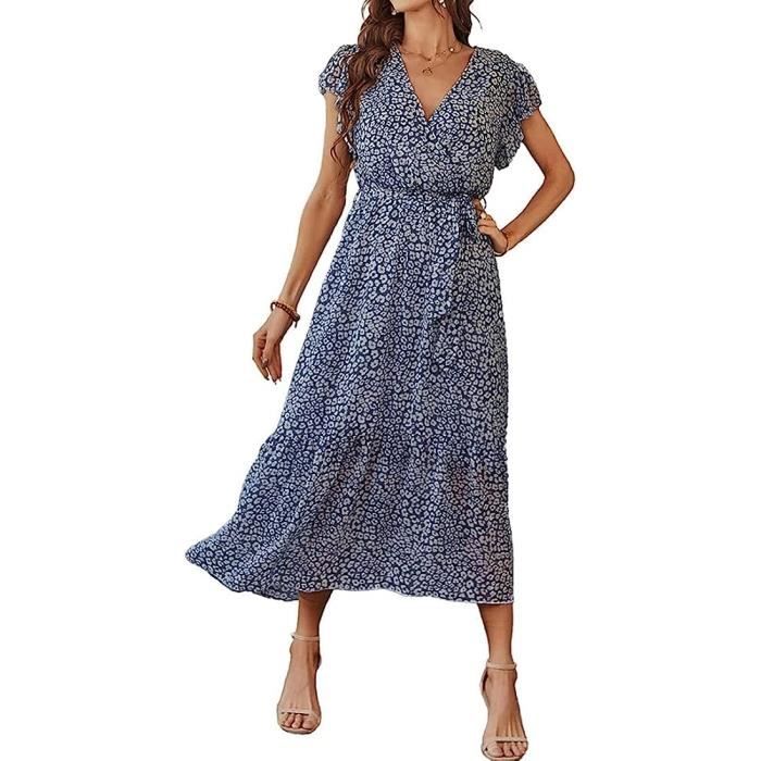 Robe Femmes t Manches Courtes Plisse Robe bohme col V imprim ...