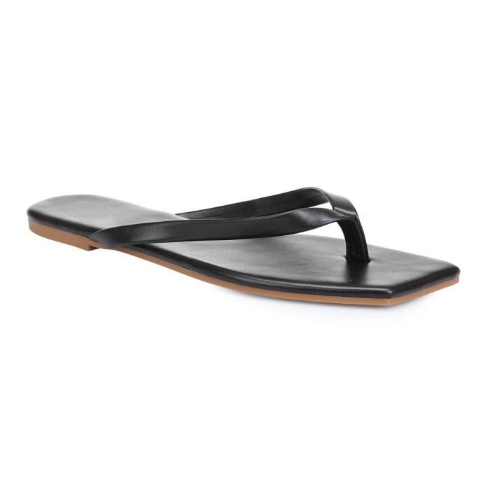 Tongs en simili cuir noir à bout carré - Achat / Vente Tongs en simili cuir  noir à pas cher - Cdiscount