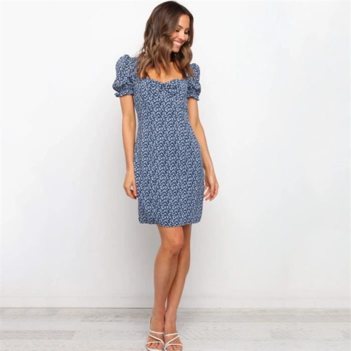 ROBE Femme - à manches courtes à col carré et imprimé doux européen et ...