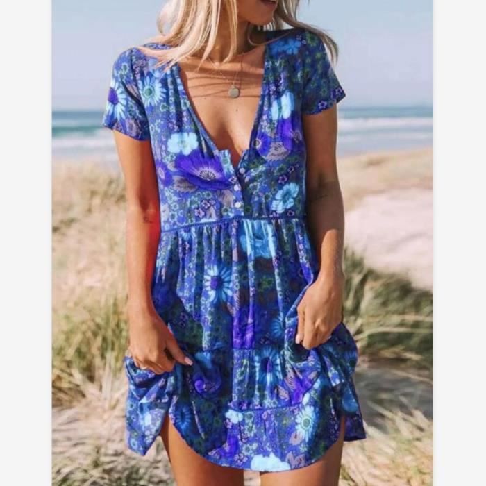Robe femme Boheme Fleurie chic et elegant Vacances à la plage - Jaune Robe femme Boheme Fleurie chic et elegant Vacances à la plage - Jaune