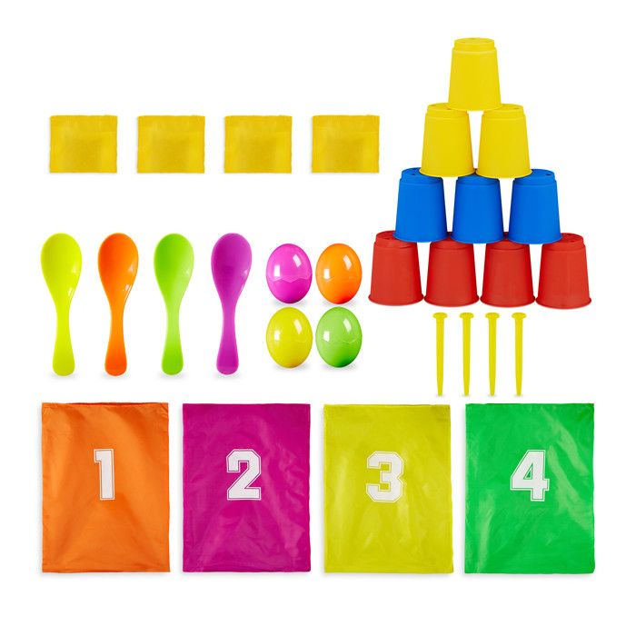 Jeu de plein air pour enfants - RELAXDAYS - Jeu 3 en 1 - Saut en sac - Course avec œufs - Lancement de canettes