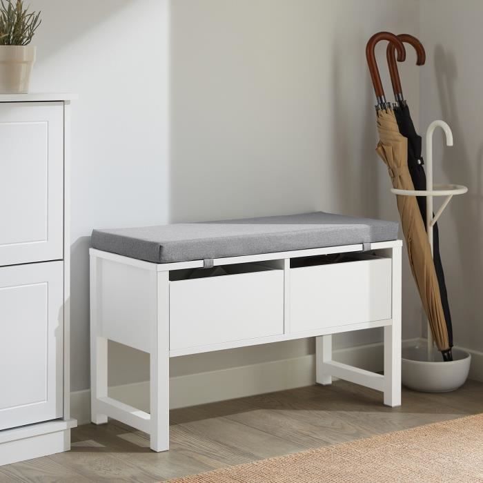 SoBuy FSR88-W Banc de Rangement avec Coussin Rembourré Meuble Bas Entrée Commode à Chaussure Banquette Confortable avec 2 Tiroirs