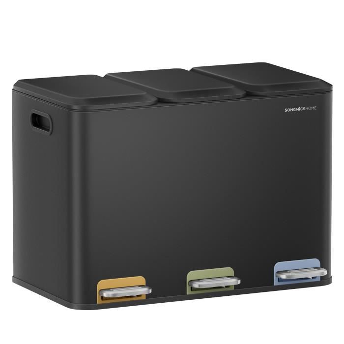 Poubelle Triple de Cuisine 3 x 15 L Système de Séparation Déchets avec Couvercles et Seaux Intérieurs Acier Noir dEncre