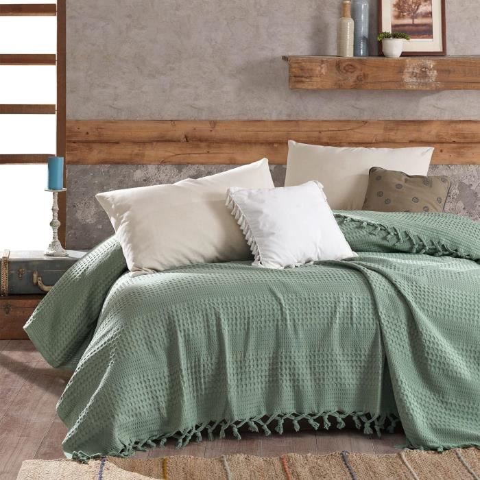 Jeté de lit vert sauge | Couvre-lit en coton gaufré pour très grand lit | jeté de canapé 3 places | jeté de lit[S238]