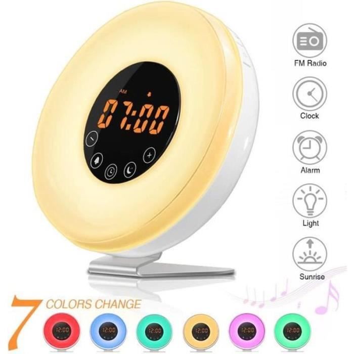 Réveil Lumineux Simulateur Aube 6 Sons Naturels - 2 Alarmes LED 10 Couleurs Avec Snooze