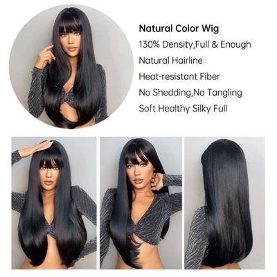 Perruque Synthétique Femme Noire Longue Lisse Avec Frange - 60cm - Bonnet Taille Moyenne - Neuf Sans étiquettes
