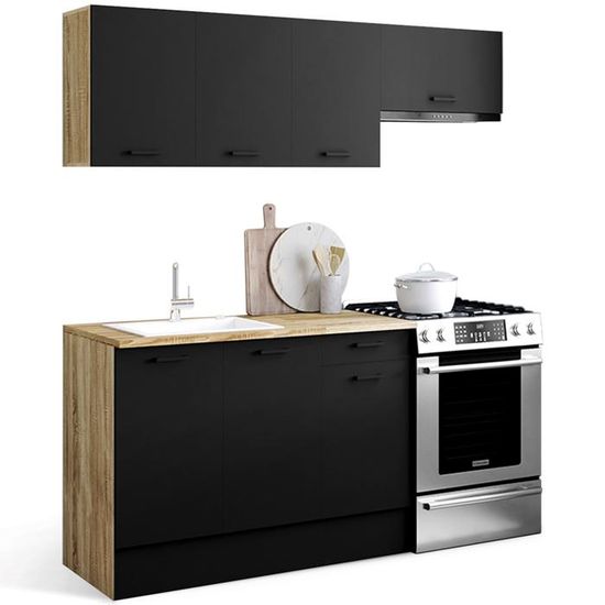 Cuisine Complète SUBTIL IDMarket 180cm - Bois Et Noir - 5 Éléments Avec Plan De Travail