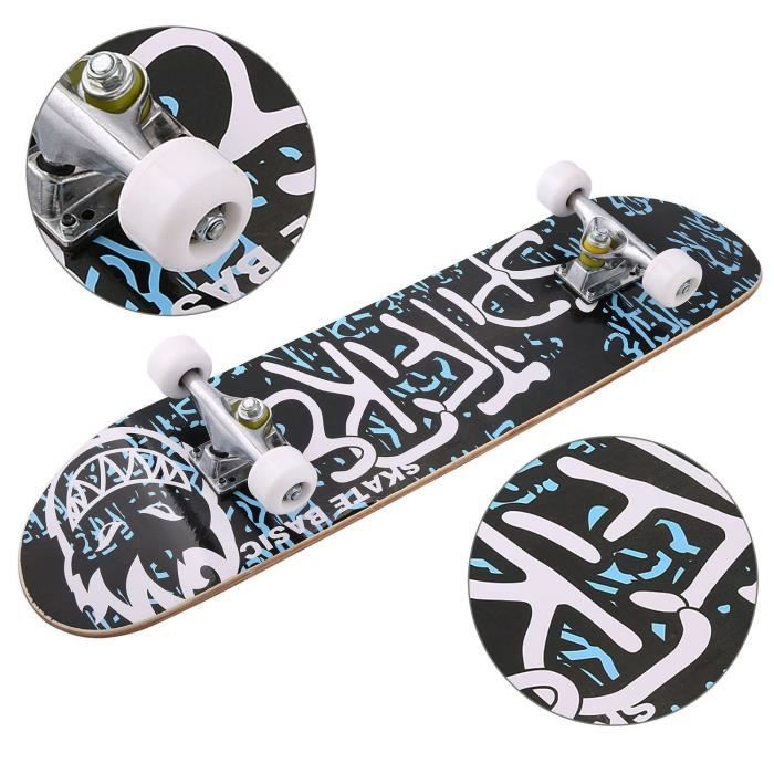 Skateboard complet de 78,7 x 20,3 cm, planche en bois d'érable à 8 couches, double coup de pied, planche à roulettes standard pour enfants, adolescents, adultes, débutants (bleu