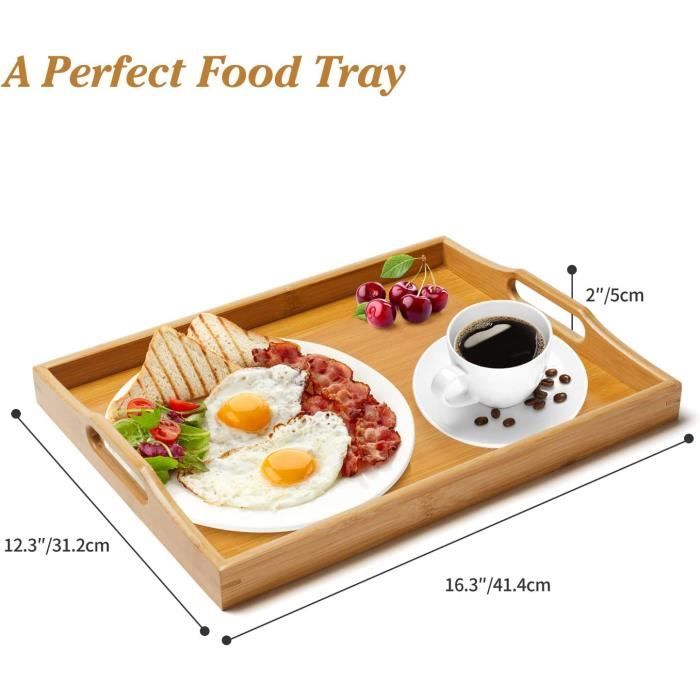 Plateau Service Bambou Rectangulaire 41x29cm - Naturel - Poignées - Pour Repas Et Rangement