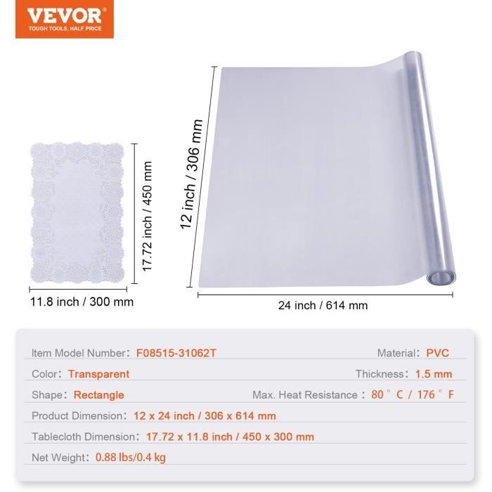 VEVOR Nappe PVC Rectangulaire Transparente 1,5 mm Nappe de