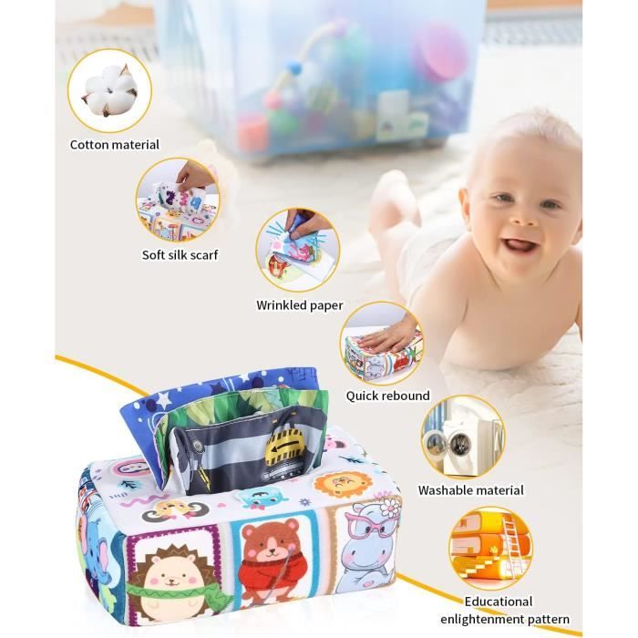 Jouet de boîte de mouchoirs pour bébé avec 3 papiers froissés et 8 foulards  colorés Boîte de tissus magique Développement sensoriel Boîte de tissu à