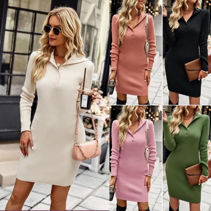 Robe En Tricot Femme Manches Longues - Col Rond, Coupe évasée, Uni, Pour Automne/hiver, élégante