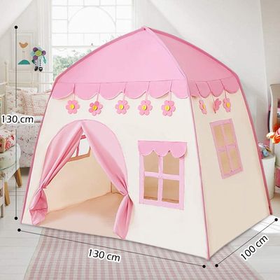HOMASIS Tente Enfant 131x91x131 Cm – Structure Pin – Tissu Polyester-coton – Rideaux Et Drapeaux – Dès 3 Ans – Rose