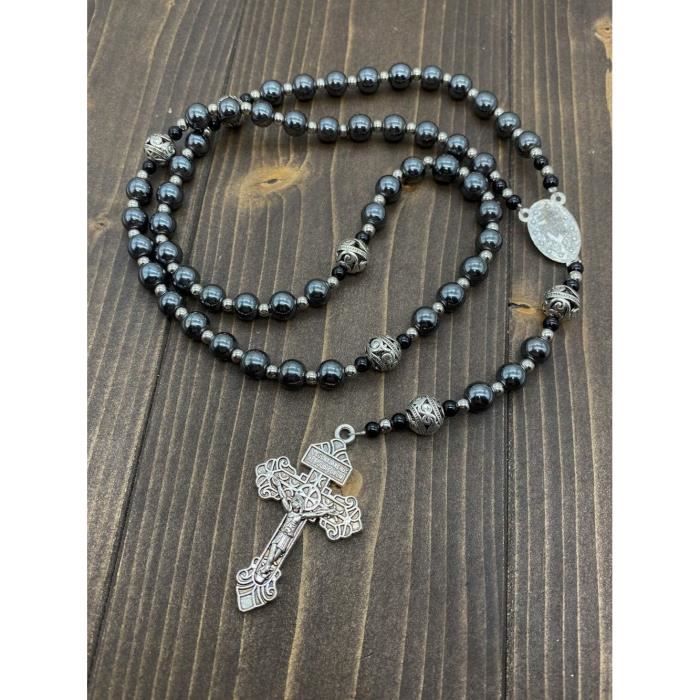 Chapelet Catholique Perles Crème - Médaille Terre Sainte Et Croix Jésus - Cadeau Religieux Pour Homme/femme