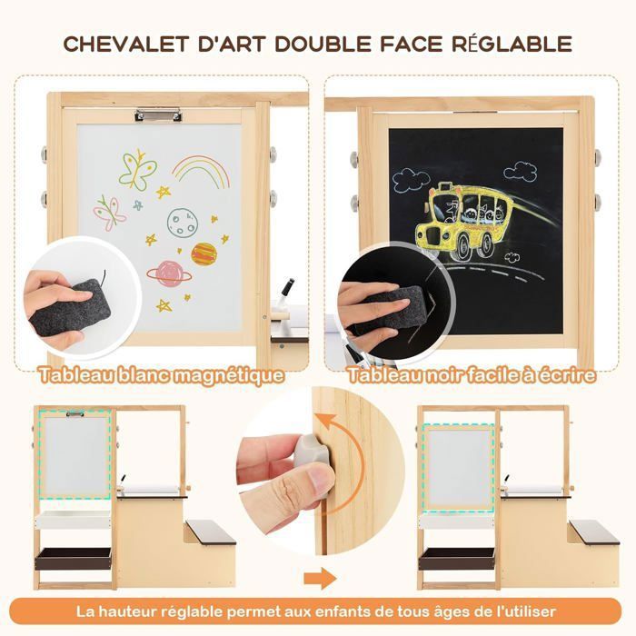 GOPLUS 3 en 1 Bureau Enfant avec Banc et Tableau Blanc/Noir Double Face | Chevalet Table de Dessin Ajustable en Bois avec Rouleau de Papier, Charge 50KG
