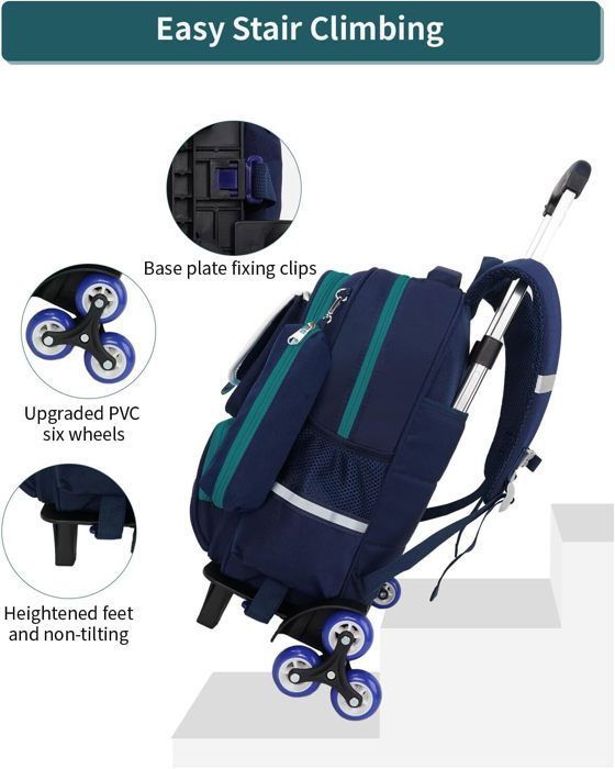 Cartable a Roulette Garçon Primaire,16 Pouces Sac Roulette Enfant Pièces  pour Voyages Scolaires de à 12 Ans,Bleu foncé