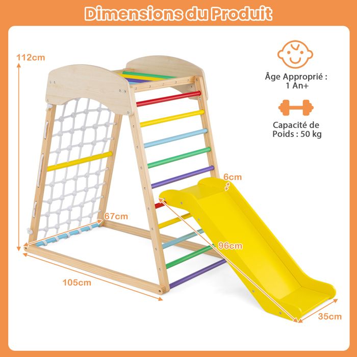 Arche escalade enfants - AIYAPLAY - 4 en 1 - chaise à bascule, rampe d'escalade et coussin - pin - 168x49,5x39,5cm - bois naturel - Jeux - Jouets