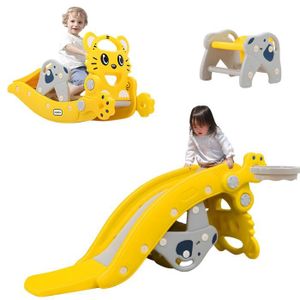 JOUET À BASCULE Toboggan - Cheval à Bascule 4 en 1 avec Panier de Basket, Kit de Jeu avec Siège Amovible, pour Enfants 1-5 Ans (Tigre Jaune)