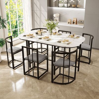 Ensemble Table Salle à Manger Extensible + 6 Chaises - Noir Et Gris, Cadre Acier, Pour 6 Personnes