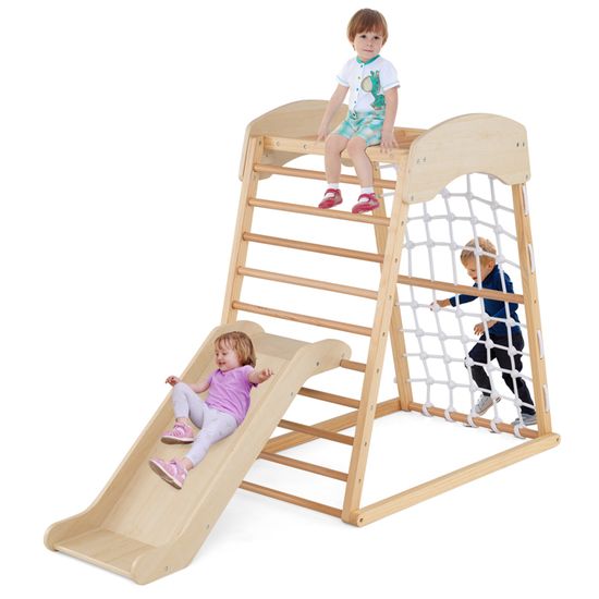 GOPLUS Triangle Escalade Montessori 9-en-1 – Pliable, Avec Arche, Rampe, Corde, Échelle & Pont – Jouet Intérieur Dès 3 Ans – Naturel