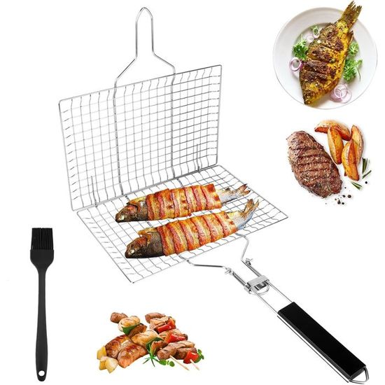 PNOOFR Panier Grille Barbecue Inox Avec Poignée Bois - Panier à Poisson Grillades + Brosse Silicone