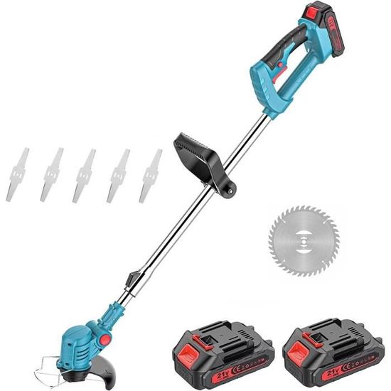 Débroussailleuse Sans Fil Fovendi 21V 4 En 1 - 2 Batteries 2Ah, 3 Lames (plastique, Acier, Scie), Poignée Télescopique, Roue, Chargeur