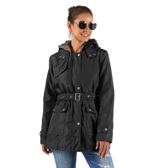 Trench Femme,Trench avec Capuche Hiver Fausse Fourrure Femmes,Femme Ceinture Coupe Ajustée