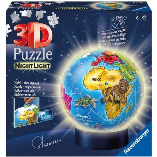 Ravensburger - Puzzle 3D Globe Mappemonde avec Led - 72 pièces