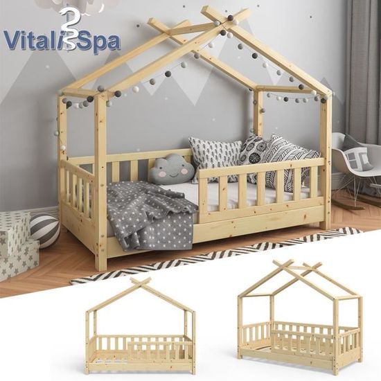 Lit pour enfant VITALISPA, lit cabane DESIGN 70 x 140, barrière, enfants, bois, cabane, lit cabane